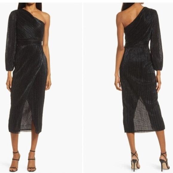 Gently Used Saylor Alora Black Metallic One Shoulder Midi Dress - M - Picture 4 of 9